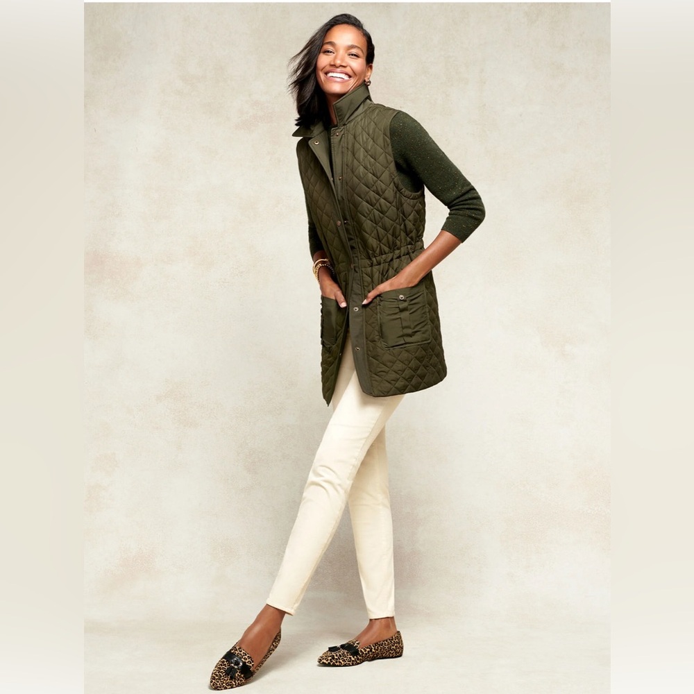 Talbots Olive Green Snap Front Collared Long Quil… - image 1